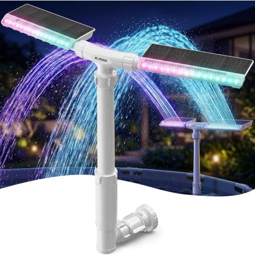 Solar Pool Fountain with Lights, Dual-Head Adjustable Spray & Timer, Remote Control, Auto Dusk Sensor, 10-Color LED Modes & 15°F Cooling Spray for Above & Inground Pools