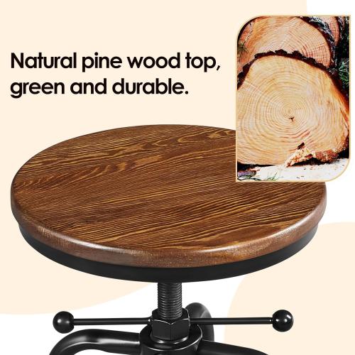 Yaheetech Industrial Vintage Counter Height Adjustable Bar Stool Rustic Metal Bar Stool with Round Wood Seat Kitchen/Dining/Cafe Chair 20-27 Inch Tall, Brown, 2PCS