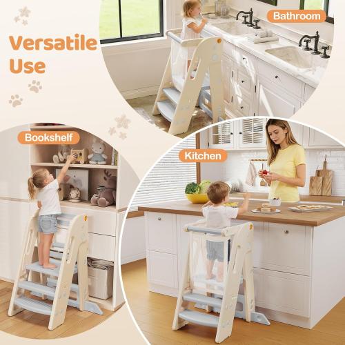 Onasti Foldable Toddler Tower Kitchen Stool Helper, Adjustable Height Learning Standing Tower with Safety Rail, Anti-Slip Steps, Kids Step Stool for Kitchen Counter and Bathroom Sink-Grey ‼️could be missing or broken pieces ‼️