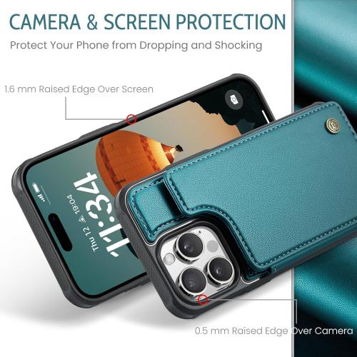 Compatible with iPhone 16 Pro 6.3 Wallet Case with Card Holder RFID Blocking for Women Men, Double Magnetic Clasp Kickstand Shockproof Phone Case Fit for iPhone 16 Pro, Bluish Green