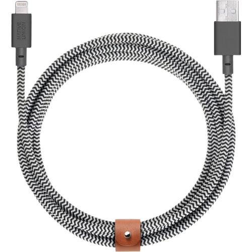 Native Union BELT Cable XL - 10ft Ultra-Strong Reinforced [MFi Certified] Durable Lightning to USB Charging Cable with Leather Strap compatible with iPhone 14, iPhone 13, iPhone 12 and Earlier (Zebra)