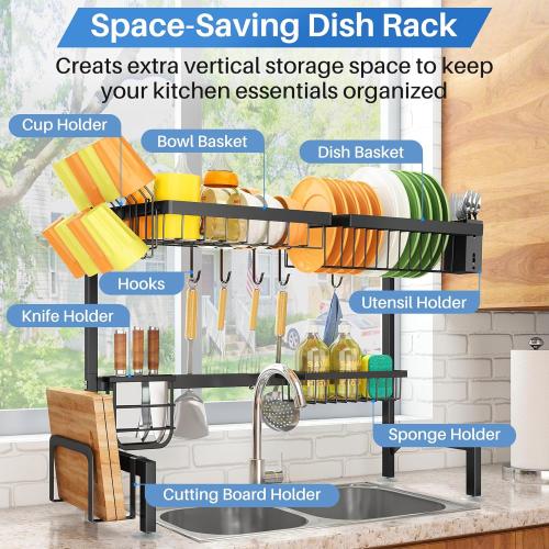 Over The Sink Dish Drying Rack - Adjustable Dish Rack for Kitchen Counter, Metal (Black)