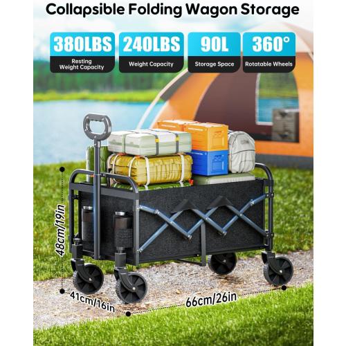Black 15.7x17.7x9 Collapsible Wagon 380 lbs, Heavy Duty Wagons Carts Foldable, Shopping Cart with All-Terrain Wheels & 2 Drink Holders, Weatherproof, Wagon Cart for Home, Outdoor,Beach,Camping, Sports, Black