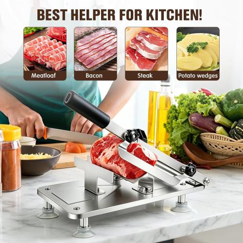 Manual Meat Slicer Frozen Meat Cutter Upgraded Stainless Steel Meat Cleavers Beef Mutton Roll Slicing Machine Vegetable Meat Slicer for Home Cooking Hotpot Shabu WG(Silver,17x7)