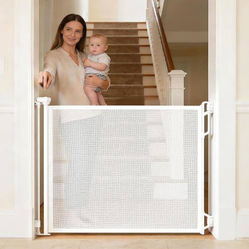 Retractable Safety Baby Gate or Mesh Dog Gate,Durable Portable Mesh Retractable Gate,Easy to Use for Stairs, Doorways, Hallways, Indoor, Outdoor, 33.5 Tall, Extends to 55 Wide,White