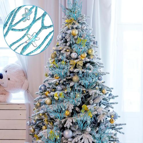 8 Pcs Blue Coastal Christmas Decorations Artificial 15.7inch Artificial Flowers Glitter Coastal Ornaments for Christmas Tree Ocean Beach Coral Nautical Treebranch Stem Pick Filler for Vase
