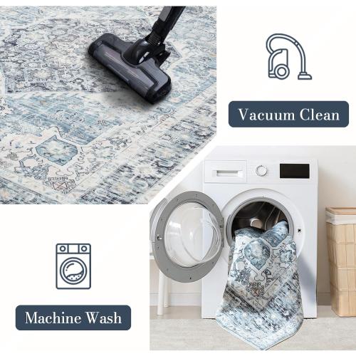 Area Rug 5×7, Vintage Boho Rug,Ultra-Soft Low Pile, Washable, Non Slip,Stain Resistant Printed Carpet for Living Room Bedrooms Playroom Office Kitchen, Light Blue