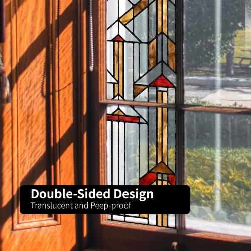 Original Hand Drawn Faux Stained Glass Window Film, Double-Sided Privacy Static Film, Amber Geometry Patterns Inspired by Hollyhock House, See Through 11.02X55.12