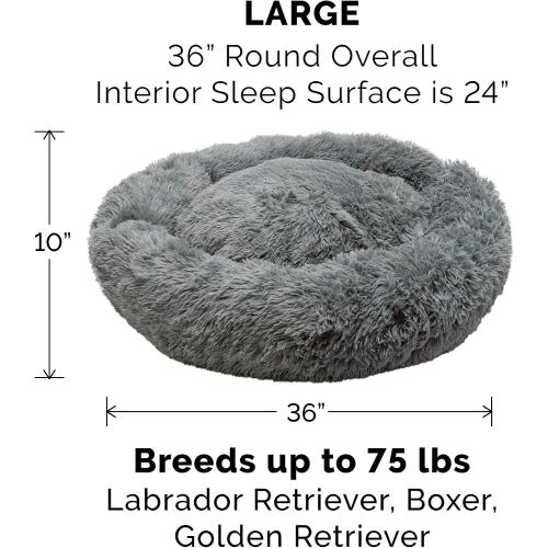 Furhaven 36 Round Calming Donut Dog Bed for Large/Medium Dogs, Refillable w/ Removable Washable Cover, For Dogs Up to 75 lbs - Shaggy Plush Long Faux Fur Donut Bed - Gray, Large
