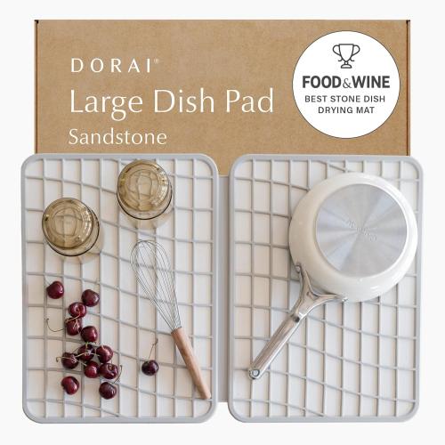Dorai Home Dish Pad - Collapsable Stone Dish Drying Mat with Diatomaceous Earth for Quick Drying - Ultra Absorbent - Encased in Woven Silicone - Eco-Friendly, Foldable - Large 24.6 x 16.5, Sandstone