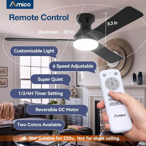 Amico Ceiling Fans with Lights, Low Profile Ceiling fan with Light and Remote Control, Flush Mount, Reversible, 3CCT, Dimmable, Noiseless, Black Ceiling Fan for Bedroom, Indoor/Outdoor Use