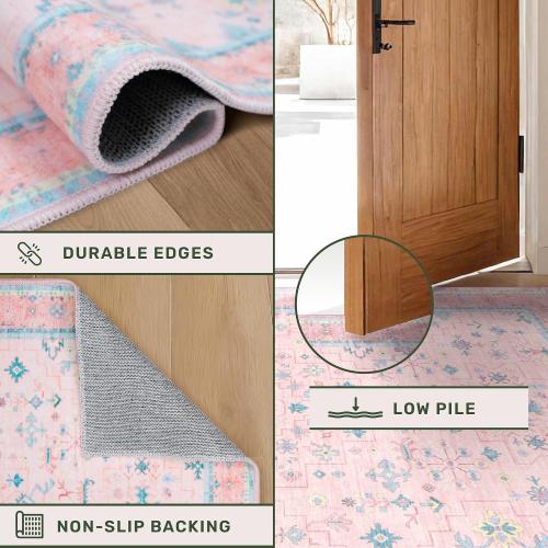Pink Rugs for Bedroom Girls, 5x7 Washable Area Rug for Living Room Nursery Kids Baby Playroom Indoor Decor, Oushak Floral Vintage Low Pile Boho Non Slip Foldable Carpet