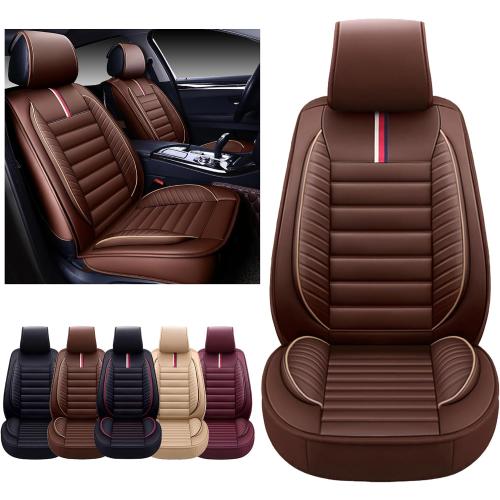 COLOR Brown OASIS AUTO Car Seat Covers Premium Waterproof Faux Leather Cushion Universal Accessories Fit SUV Truck Sedan Automotive Vehicle Auto Interior Protector Front Pair (OS-001 Brown)