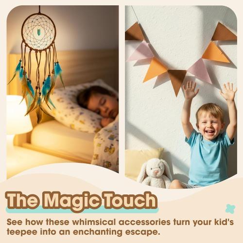 Teepee Tent for Kids with Colorful Flag, Kids Play Tent Indoor with Thicked Mat & Dream Catcher, Toddler Tent with Storage Pockets and Mesh Window for Reading Nook and Imaginative Games