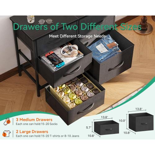AODK Dresser for Bedroom Dresser TV Stand with 5 Storage Drawers, Small Fabric Dresser Chest of Drawers for Closet Organizer Clothes, Black