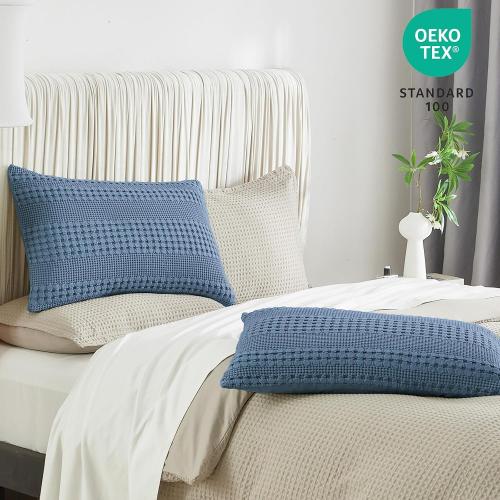 PHF 100% Cotton Waffle Pillow Shams Standard Size, 2 Pack 20 x 26 Soft Skin-Friendly Pillowcases, No Filling, Aesthetic Woven and Breathable Waffle Weave Pillow Case Covers for Bed, Captain's Blue