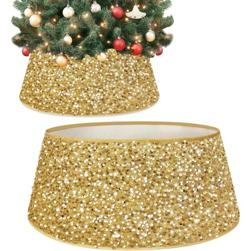 Black Collar Sequin Xmas Tree Skirt 28 Inch Velvet Christmas Tree Collar Sparkling Glitter Christmas Tree Base Basket Artificial Velvet Tree Ring Tree Skirts for Xmas Tree Party Decoration