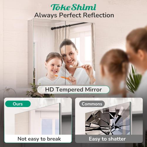 TokeShimi 12 x 36 Farmhouse Medicine Cabinet Recessed or Surface Mount Aluminum, Mirror with Stepless Adjustable Storage, Silver Bathroom Mirror Medicine Cabinet Frameless Metal Modern