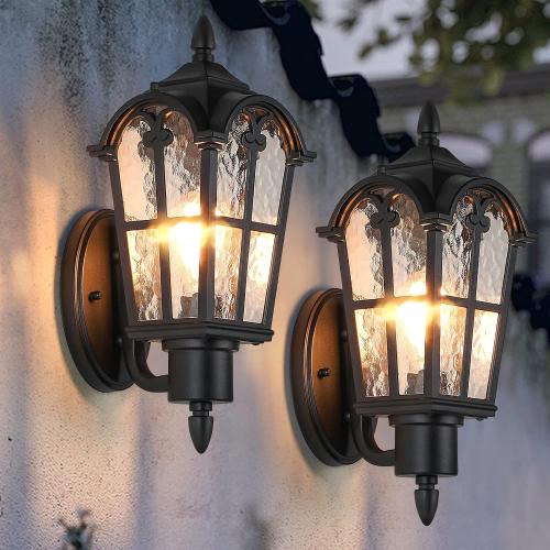 Sucolite Outdoor Wall Light Fixtures Wall Mounted, Exterior Waterproof Porch Lights Wall Lanterns, Outside Wall Sconces with Water Ripple Glass for House Front Door Garage, Retro Vintage Style, 2 Pack