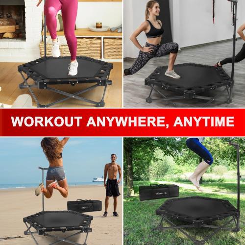 Foldable Mini Trampoline — One-Step Fold & Open, 42 Rebounder Trampoline for Adults & Kids, 450lbs Max Load, Adjustable T-Bar, Indoor & Outdoor Workout