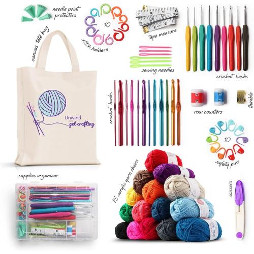 73 Piece Crochet Kit for Beginners Adults and Kids, Premium Crochet Set with 21 Crochet Hooks Set and 1500 Yards of Yarn for Crocheting Kit, Canvas Tote Bag and Lots More