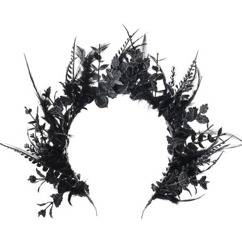 Color  Black Flower Halo Crown - Handmade Gothic Floral Headband with Feather for Women Witch Goth Wedding, Dark Halo Headband for Renaissance Cosplay Photo Shoot