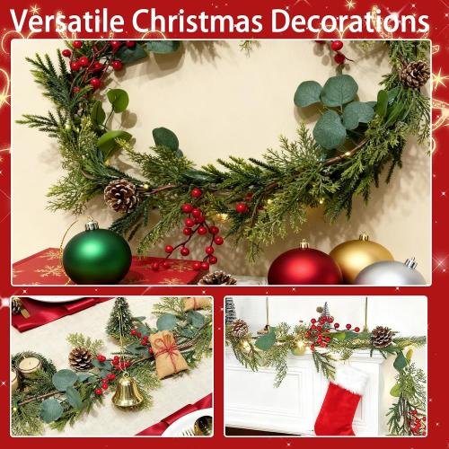 6 Ft Prelit Christmas Cedar Garland, Real Touch Christmas Garland with Lights, Realistic Soft Cypress & Eucalyptus Pine, Red Berries Pinecones,Battery Operated Garlands for Fireplace Mantle Table