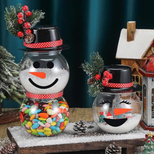 Set of 8 Christmas Candy Jars Snowman Cookie Jar with Lids for Party Favors Clear Plastic Xmas Jars Storage with Pine Snowman Stickers Ribbon for Xmas Party Gifts Packaging Crafts Decoration