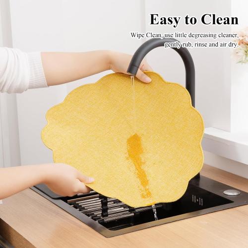 SHACOS Scalloped Round Placemats Set of 6 Polyester Linen Blend 15 inch Washable Non Slip Place Mats Easy Clean Heat Resistant Table Mats for Kitchen Dining Table Decor, Yellow