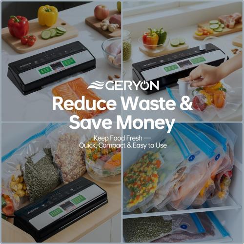 GERYON Vacuum Sealer Machine – Automatic Food Vacuum Sealer for Dry & Moist Food, Compact with LED Touch Panel, Includes Zipper Bags & Roll, Perfect for Sous Vide & Freezer Storage (Silver)