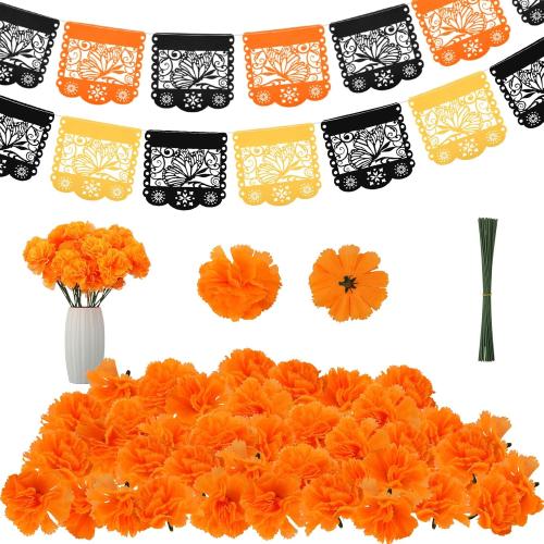 Riceshoot 52 Pieces Day of the Dead Decorations Set Fiesta Artificial Marigold Flower Heads with Stems Monarch Butterfly Felt Mexican Party Banner for Dia De Los Muertos Altar Diwali Decor