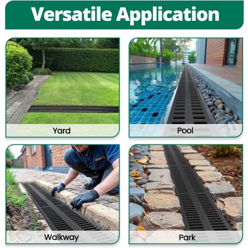 Benfar Trench Drain 39.4x6.1x5.5in 3Pack HDPE Channel Drain with Grates Trench Drainage System Total Length 10FT Driveway Drainage for Yard Concrete Garage Floor Sidewalk Garden Patio M062