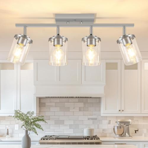 FadimiKoo 4-Lights Brushed Nickel Kitchen Lighting Fixtures Ceiling, Black Semi Flush Mount Ceiling Light with Clear Glass Shades, Adjustable Close to Ceiling Lamp for Dining Room Hallway Bedroom