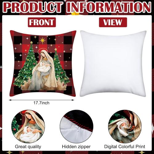 6 Pcs Christmas Pillow Covers 18x18 Inch Religious Nativity Scene Throw Pillowcase Jesus is The Reason for The Season Cushion Case Red Black Buffalo Plaid Christmas Decor for Couch Sofa Decor