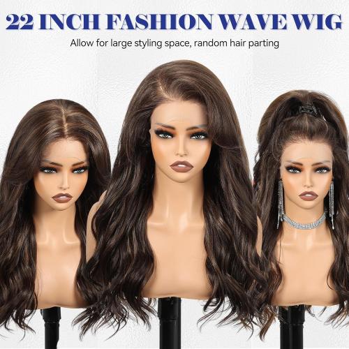 HAIRCUBE 13x6 HD Lace Front Wig Synthetic 22 Inch Dark Brown Highlight Long Wave Layered Glueless Wig for Women, Natural Look Daily Wear