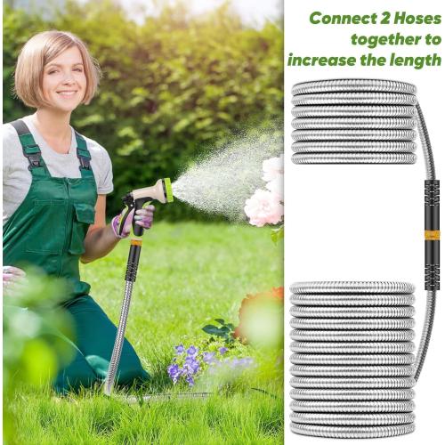 Garden Hose 150ft, Metal Stainless Steel Water Hose with 10 Function Nozzle Flexible, Lightweight, Kink-Free, Pet Proof, Puncture Proof Hose for Yard, Outdoor