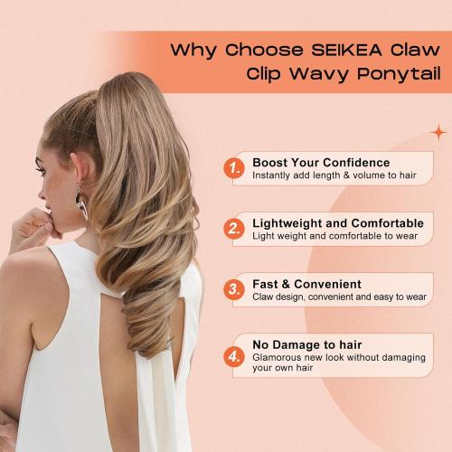 SEIKEA Ponytail Extension, 18 Wavy Claw Clip in Hair Extensions for Women, Lightweight Fluffy Synthetic Ponytail Hairpiecet