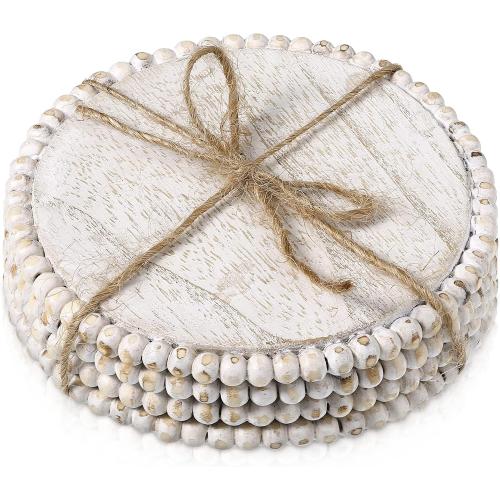 Honeydak 4 Pieces Wood Beaded Coasters 3.9 Inch Round Rustic Farmhouse Wooden Coasters for Drinks Decorative Table Top Wood Bar for Housewarming Home Kitchen(Beige)