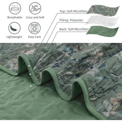 Goodidea Quilts King Size Bedding Set, Sage Green Bedspreads King Size 3 Piece Lightweight Soft Microfiber Reversible Coverlet Floral Quilt Set with Pillow Shams for All Season (King, 104X90)