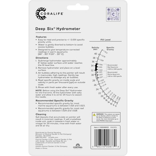 Coralife Aquarium Fish Tank Deep Six Hydrometer For Measuring Water Salinity PPT and Specific Gravity