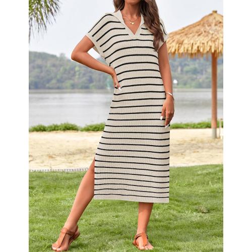 ZESICA Women's Summer Striped Midi Dress 2025 Casual Short Sleeve V Neck Loose Knitted Side Slit Long Sweater Dresses