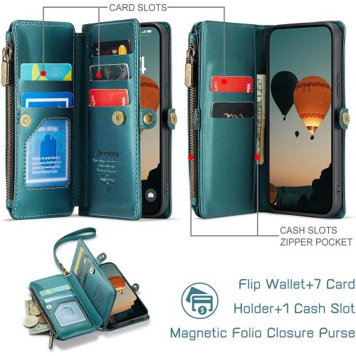 Defencase Compatible with Samsung Galaxy S24 Case Wallet with RFID Blocking Card Holder for Women Men, PU Leather Magnetic Snap Flip Zipper Strap Wallet Phone Case Fit for Galaxy S24 5G 6.2, Green