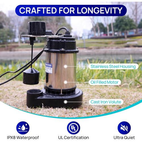 AQUASTRONG 1/2 HP Sump Pump Submersible, 3830 GPH Stainless Steel and Cast Iron Basement Water Pump, Automatic Integrated Vertical Float Switch with Piggy-back Plug,1-1/2 NPT Discharge Subpumps