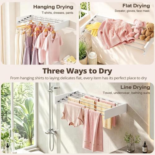 Wall Mounted Clothes Drying Rack Folding Indoor, Foldable Laundry Drying Rack Collapsible,Invisible, Space Saving, Retractable Towel Drying Rack, with Wall Template(5 Drying Rods, White 32)