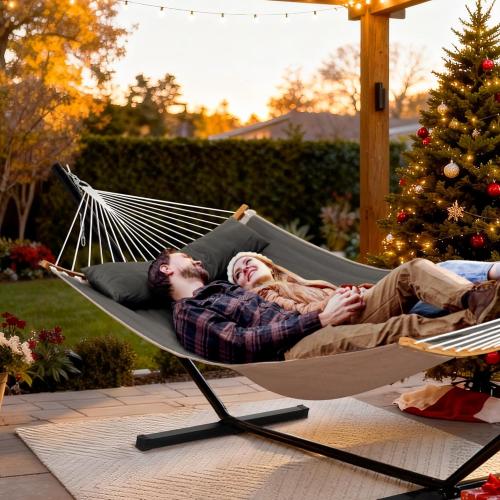 SUNCREAT Double Portable Hammock with Stand, 2 Person Hammock with Curved Spreader Bar, Balance Ropes Included, Dark Gray