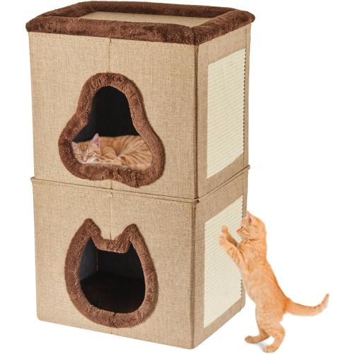 2-Tier Cat House for Indoor Cats Bed, Covered Cat Beds with Hideaway Cave and Scratch Pad, Foldable Modern Cat House for Multi Small Pet Large Kitten Kitty