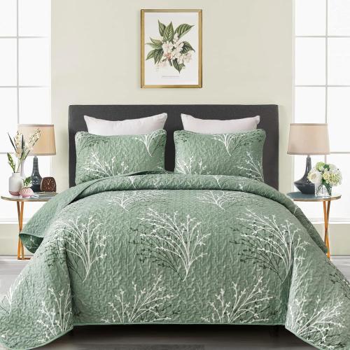 3 Pc Sage Green Quilt Set - Branch Botanical Pattern Bedspread Coverlet Set, 3 Piece Green Floral Quilt Bedding Set Soft Microfiber Daybed Cover for All Season
