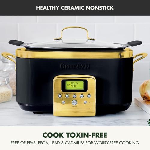 ‼️ WHITE ‼️GreenPan Elite 8-in-1 Programmable 6QT Electric Slow Cooker, Dishwasher Safe Lid & Removable Crock, PFAS-Free Healthy Ceramic Nonstick Multi-Cooker, Sear, Sauté, Brown, Steam Basket, Roast, silver
