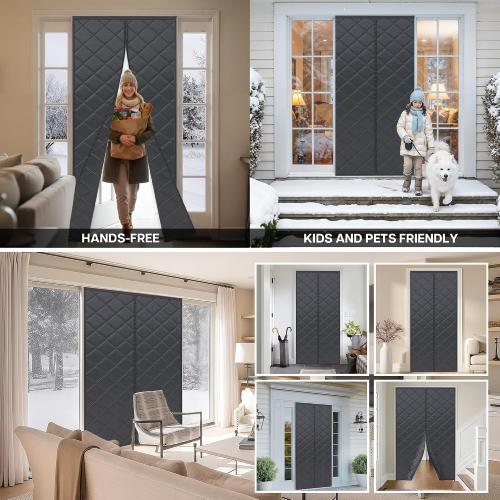 LazBlinds Thermal Insulated Door Curtain Fit Door Size 34 x 82, Magnetic Hands-Free Self Seal Door Cover, Weatherproof Oxford & Cotton Fiber Fill Blanket for Winter to Keep Warm, Grey