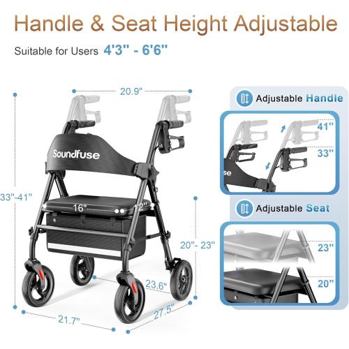 Rollator Walkers with Seat for Seniors, Foldable 8 Big Wheels All Terrain Rolling Walker, Handles and Ergonomic Seat Height Adjustable, 350 lb